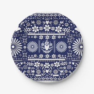 Plato De Papel Boda de Papel Azul Blanco Picado Mexicano
