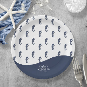 Plato De Papel Boda de patrón de caballete de mar de onda azul V1
