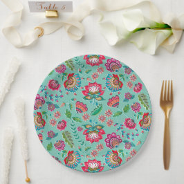 Plato De Papel boda de patrón turquesa de flor folclórica brillan