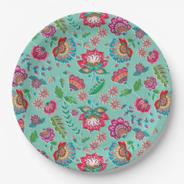 Plato De Papel boda de patrón turquesa de flor folclórica brillan