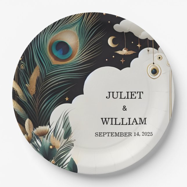 Plato De Papel Boda de pavo real con cielo ruso en Asia (Anverso)