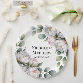 Plato De Papel Boda de Peonía Blanca Suave con Hojas de Eucalipto