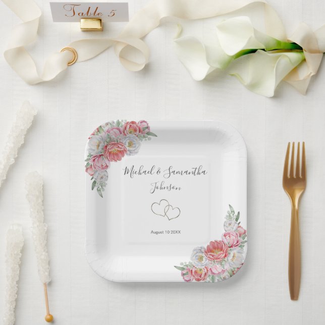 Plato De Papel Boda de Peonía Rosa y Blanca (Boda)