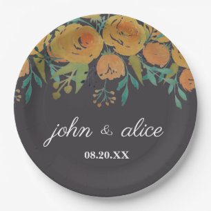 Plato De Papel Boda de Peonies y Rosas Amarillos y Marrones