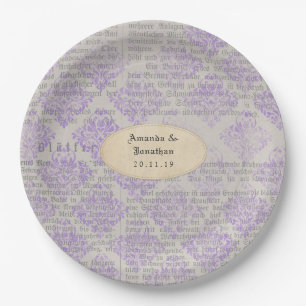 Plato De Papel Boda de periódico vintage de lavanda