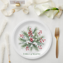 Plato De Papel Boda de Pino Invernal y Bayas Rojas