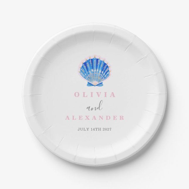 Plato De Papel Boda de playa costera con conchas marinas (Anverso)