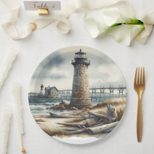 Plato De Papel Boda de playa junto al faro costero rústico