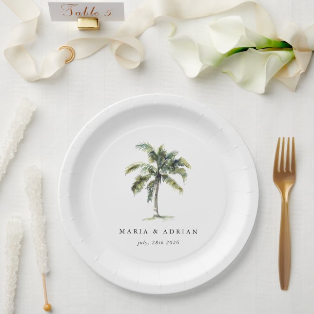 Plato De Papel Boda de playa tropical con palmeras mínimas (Boda)