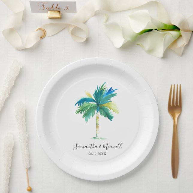 Plato De Papel Boda de playa tropical con palmeras mínimas (Boda)