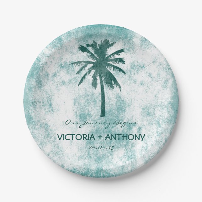 Plato De Papel Boda de Playa Tropical Palm Tree (Anverso)