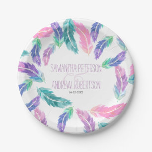 Plato De Papel Boda de plumas acuáticas pintadas