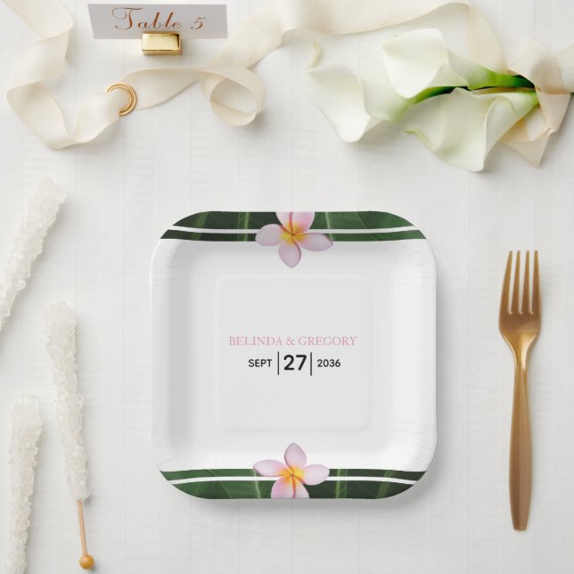 Plato De Papel Boda de Plumeria Rosa Frangipani (Boda)