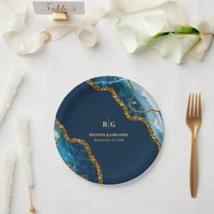 Plato De Papel Boda de Purpurina de Geode de Blue & Gold Agate