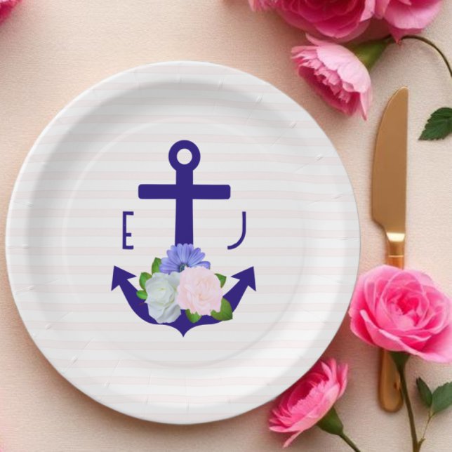 Plato De Papel Boda de rayas florales náuticas (Subido por el creador)