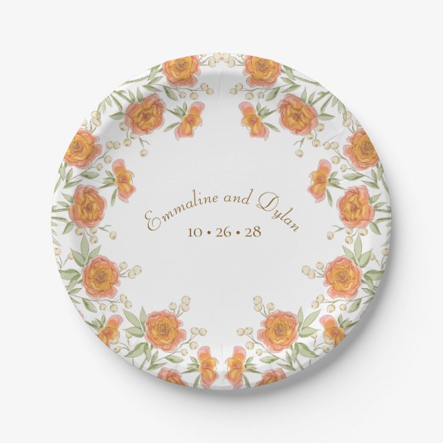Plato De Papel Boda de Rosa Naranja (Anverso)