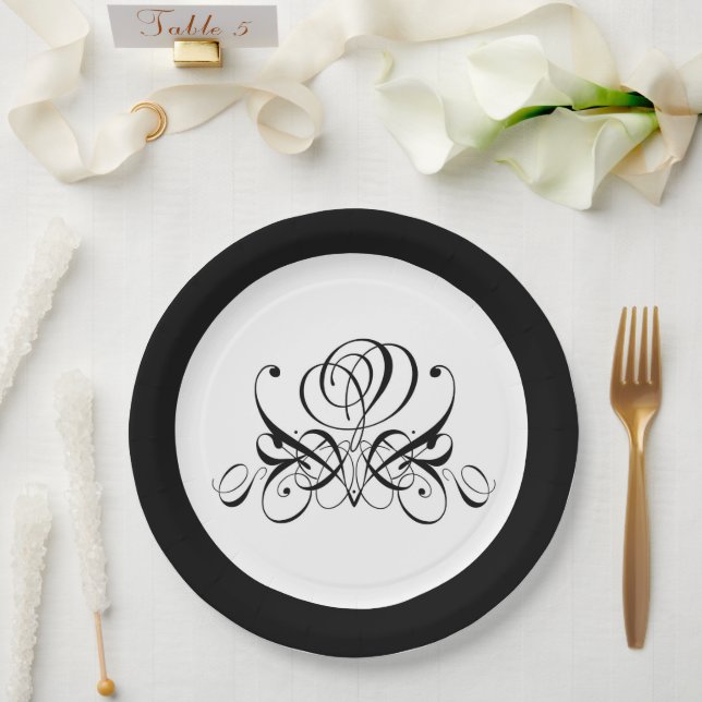 Plato De Papel Boda de Rosa negro caligrafía (Boda)