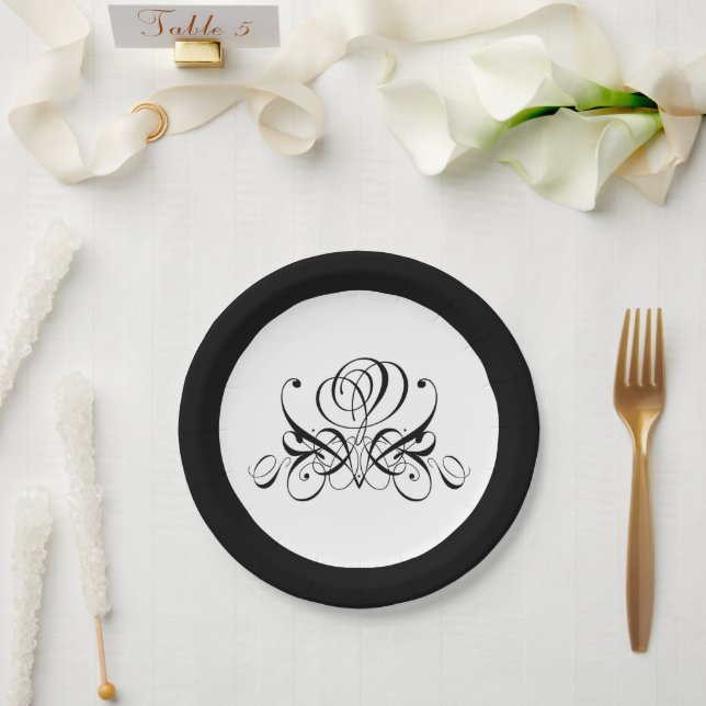 Plato De Papel Boda de Rosa negro caligrafía (Boda)