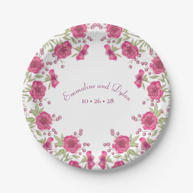 Plato De Papel Boda de Rosa Rosa Brillante (Anverso)