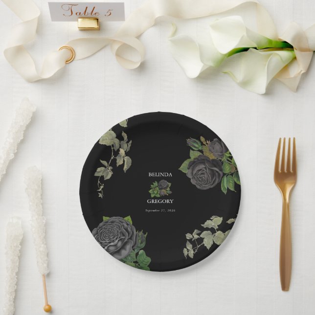 Plato De Papel Boda de Rosas negros en Halloween gótico (Boda)