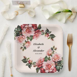 Plato De Papel boda de rosas rosadas y rojas bonitos
