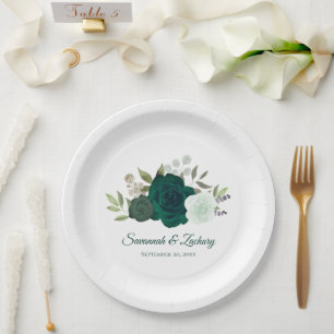 Plato De Papel Boda de rosas verdes esmeralda y menta elegantes