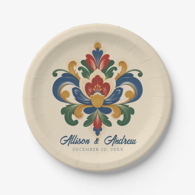 Plato De Papel Boda de Rosemaling noruego (Anverso)