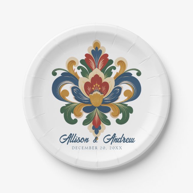 Plato De Papel Boda de Rosemaling noruego (Anverso)