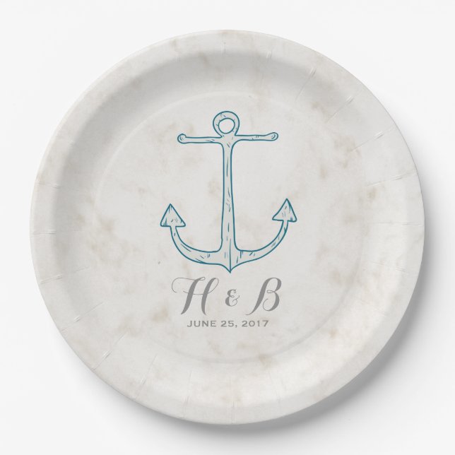 Plato De Papel Boda de Royal Blue Rustic Anchor (Anverso)