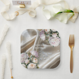 Plato De Papel Boda de Satén Blanco con Rosas y Peonía