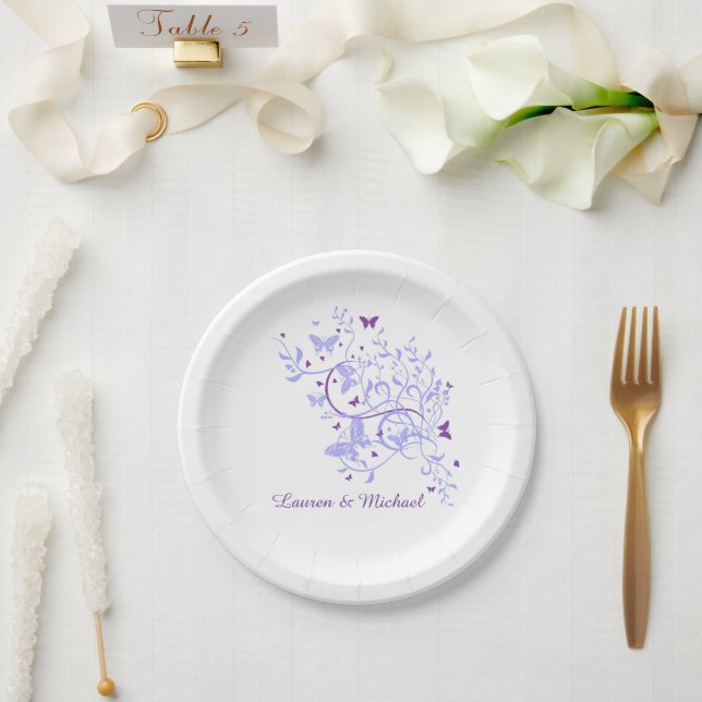 Plato De Papel Boda de Swirl Retro Blue Purple Butterfly (Boda)