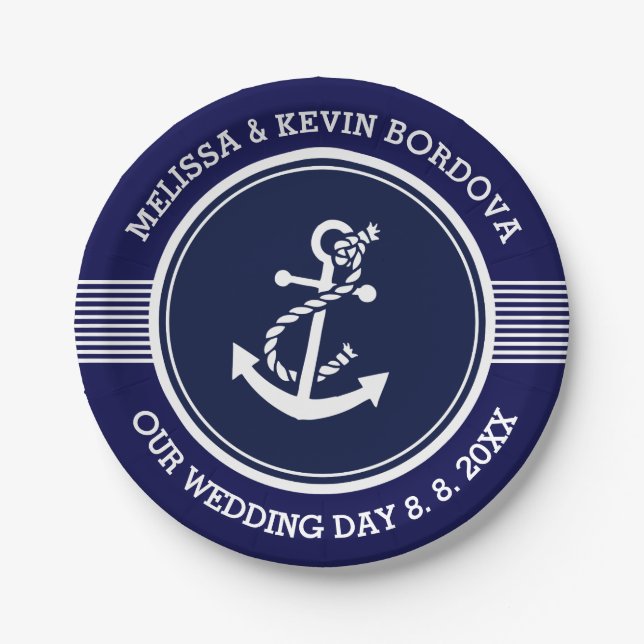 Plato De Papel Boda de texto del delimitador de barco náutico bla (Anverso)