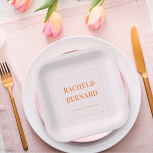 Plato De Papel Boda de tipografía de ápricot rosa y Naranja