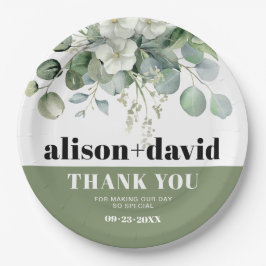 Plato De Papel Boda de tipografía de eucalipto y flores blancas