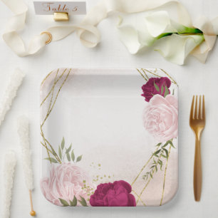 Plato De Papel boda de vegetación de flores rosa magenta