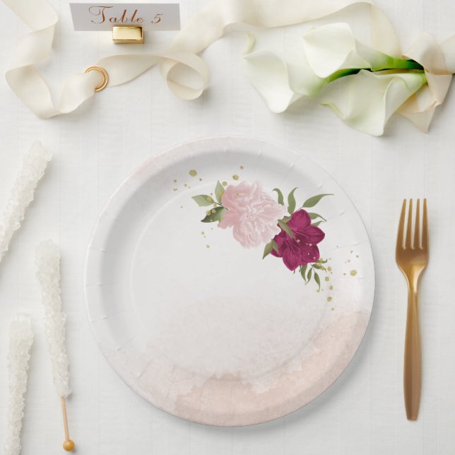 Plato De Papel boda de vegetación de flores rosa magenta (Boda)