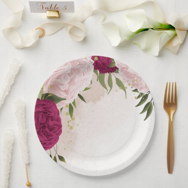 Plato De Papel boda de vegetación de flores rosa magenta (Boda)