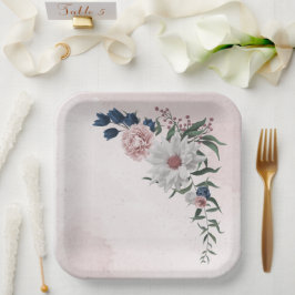 Plato De Papel boda de vegetación floral azul rosa