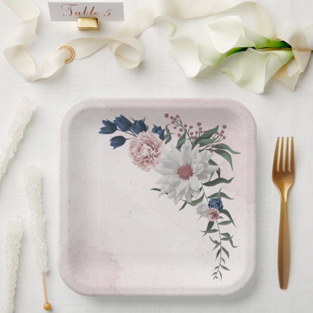 Plato De Papel boda de vegetación floral azul rosa (Boda)