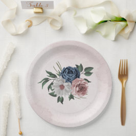 Plato De Papel boda de vegetación floral azul rosa