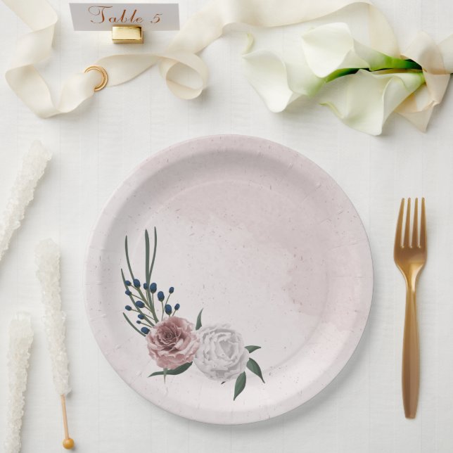 Plato De Papel boda de vegetación floral azul rosa (Boda)