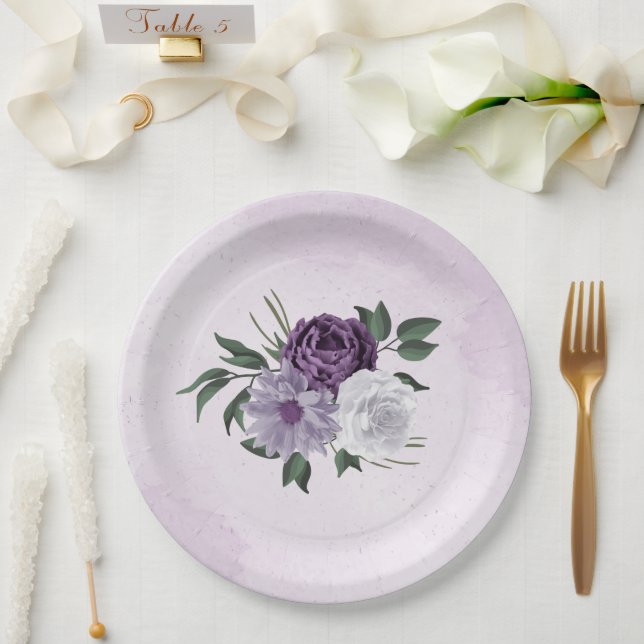 Plato De Papel boda de vegetación floral púrpura y blanca (Boda)