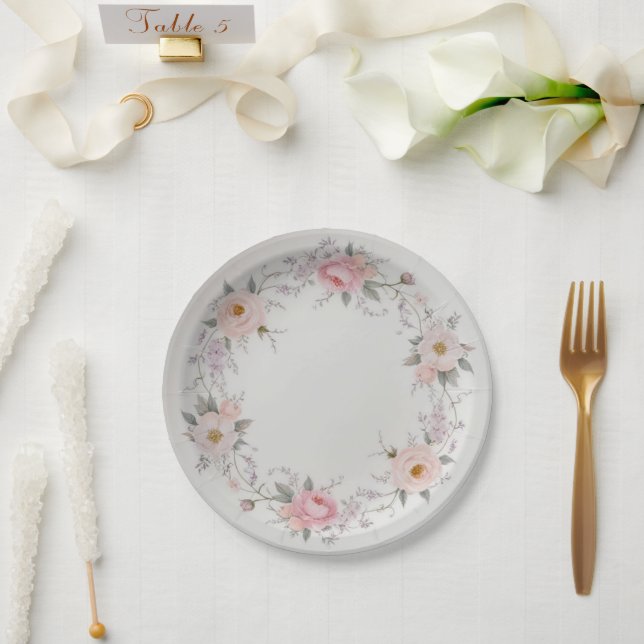 Plato De Papel Boda de verano con estampado floral de flores silv (Boda)