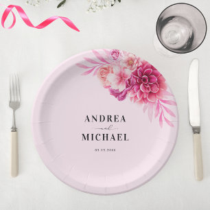 Plato De Papel Boda de verano floral de color rosa caliente brill