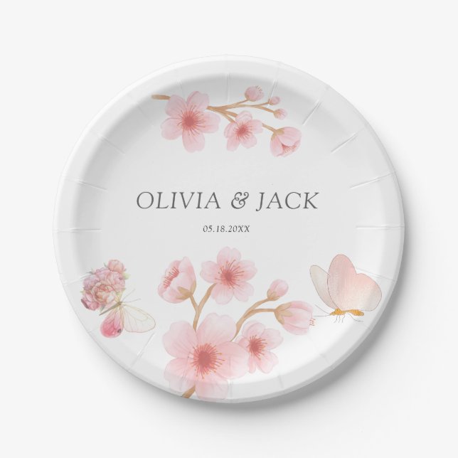 Plato De Papel Boda de verano moderna con flores rosadas y maripo (Anverso)