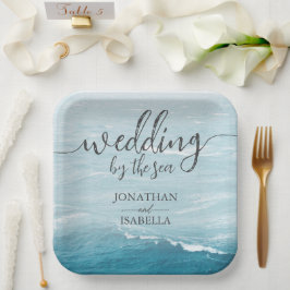 Plato De Papel Boda de verano por el océano oscuro ondulado azul