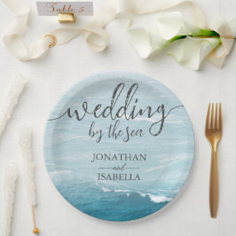 Plato De Papel Boda de verano por el océano oscuro ondulado azul