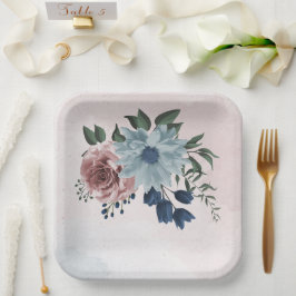 Plato De Papel boda de verdor floral azul azul marino polvoriento