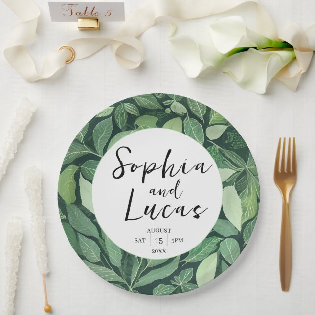 Plato De Papel Boda de Whimsical Green Leaves (Boda)