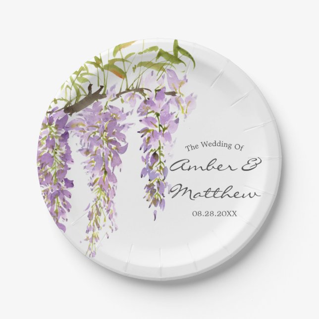 Plato De Papel Boda de Wisteria de Lavanda Púrpura (Anverso)
